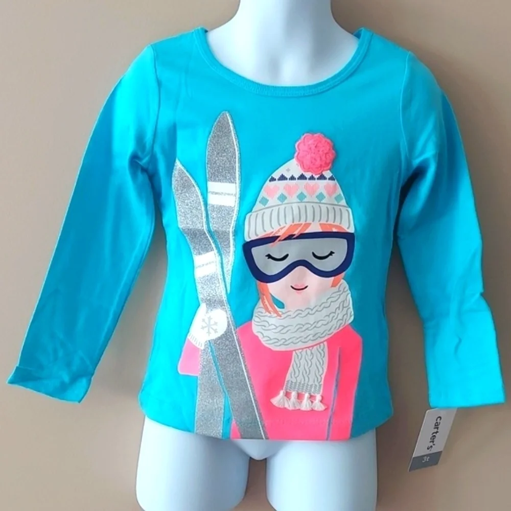 Carters Girls Ski Blue Long Sleeve Tee Shirt pompom - Size 3T